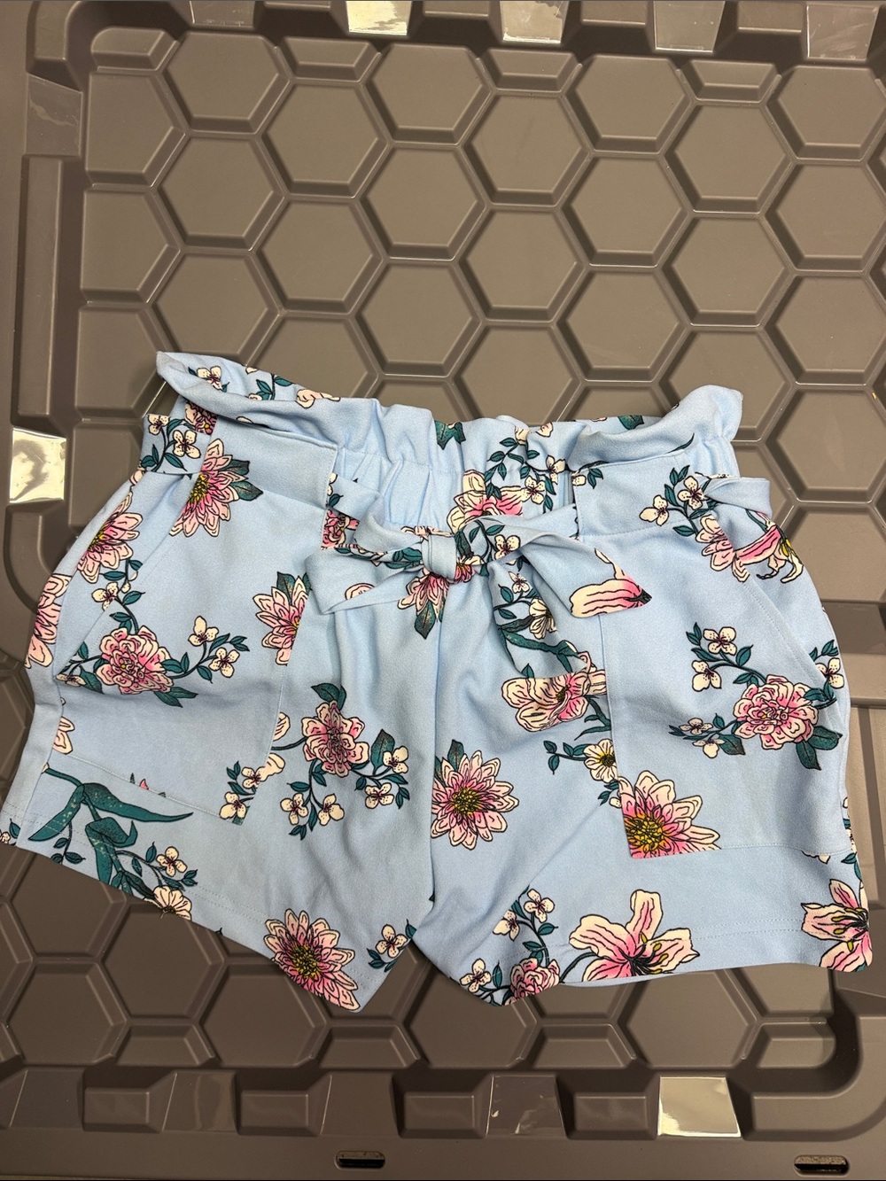 Revamped Light Blue Floral Paperbag Waist Shorts